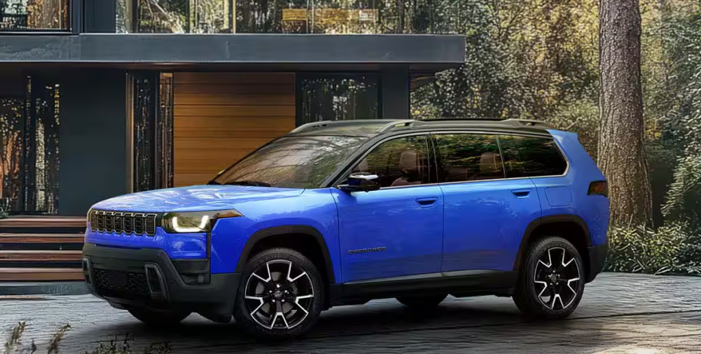 Blue 2026 Jeep Cherokee parked outside house